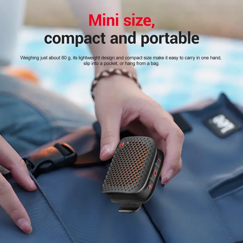 Clip-On Bluetooth Speaker – IPX7 Waterproof, 12-Hr Battery, TWS Stereo | 80g Ultra-Light