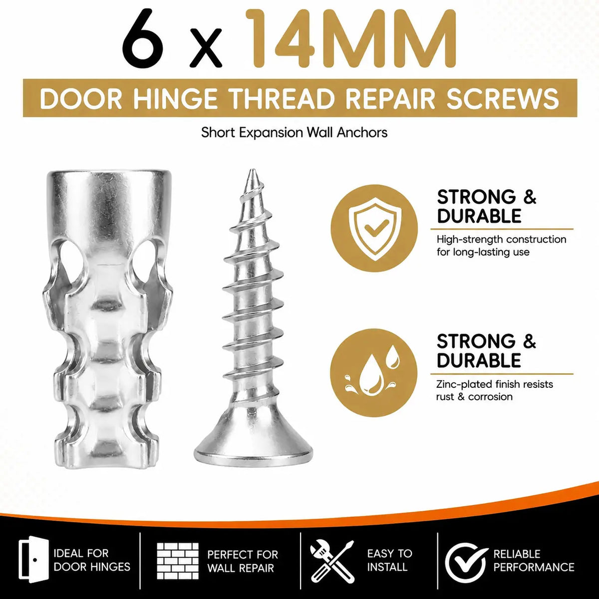 6x14mm Door Hinge Repair Screws & Wall Anchors Pack
