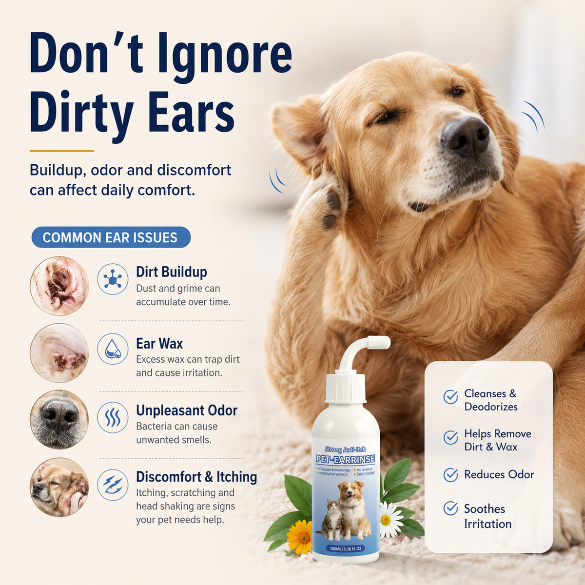 🐶 Gentle Pet Ear Cleaner Solution for Dogs & Cats (100ml / 3.38 fl oz) 🐱