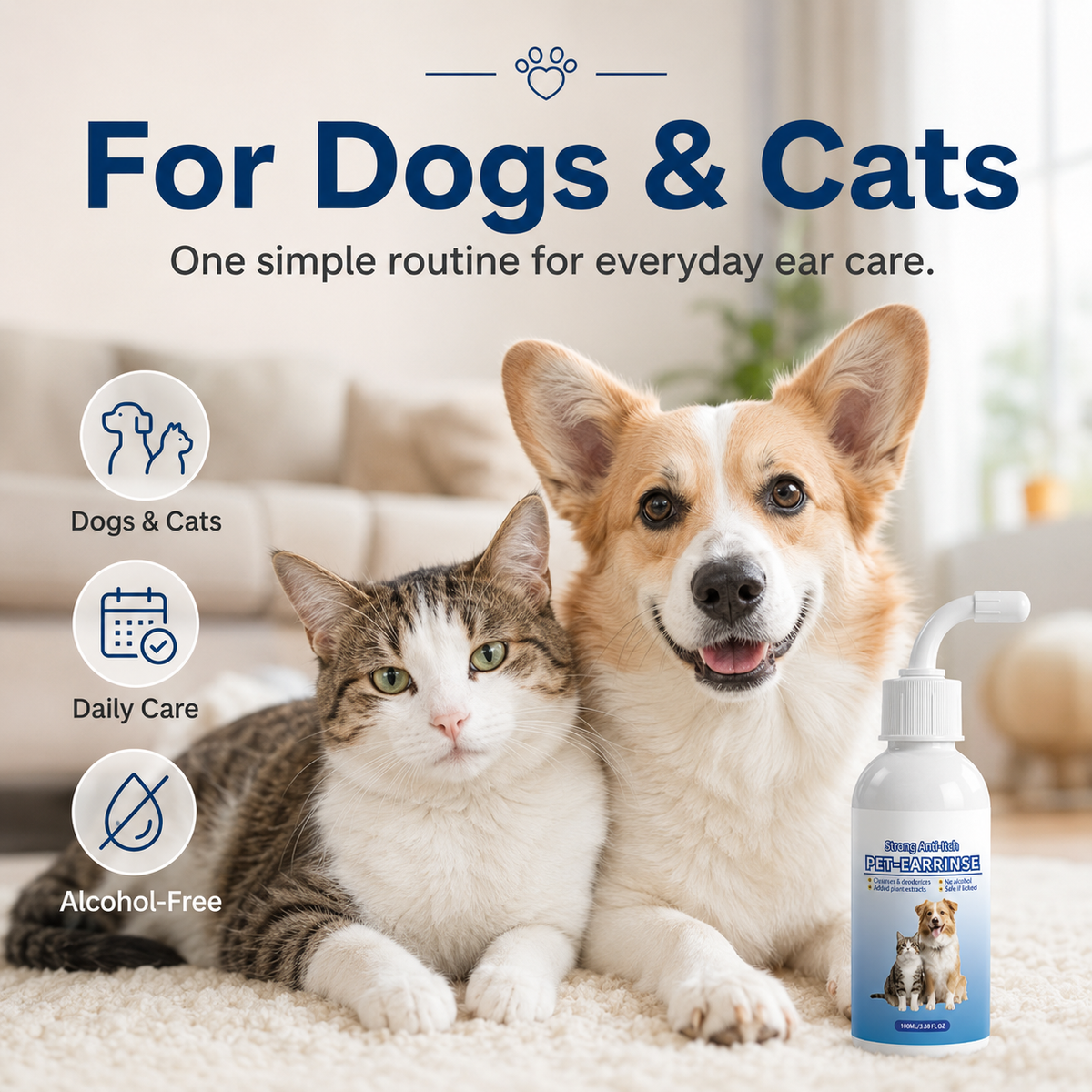 🐶 Gentle Pet Ear Cleaner Solution for Dogs & Cats (100ml / 3.38 fl oz) 🐱