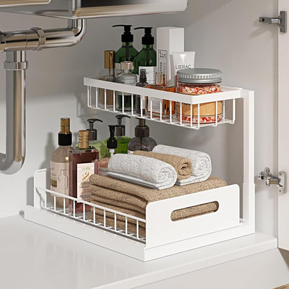 Under Sink Organizer | L-Shaped Double Drawer Cabinet Shelf, Fits Around Pipes, Holds Up to 50 lbs