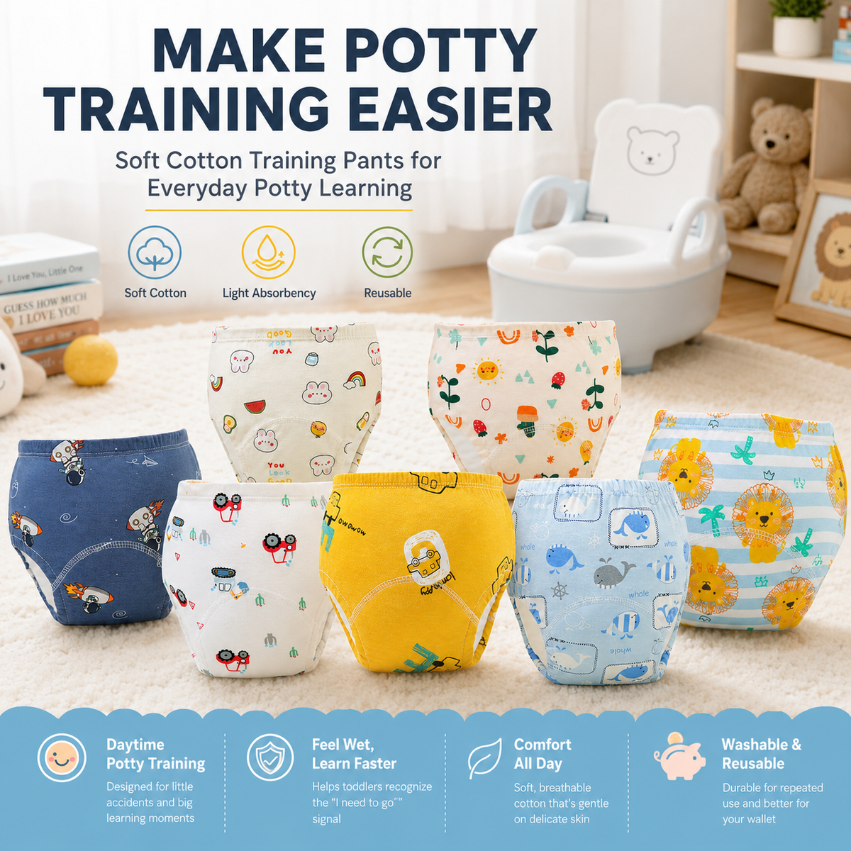 Toddler Potty Training Pants – 100% Cotton Reusable Training Underwear with Light Absorbency