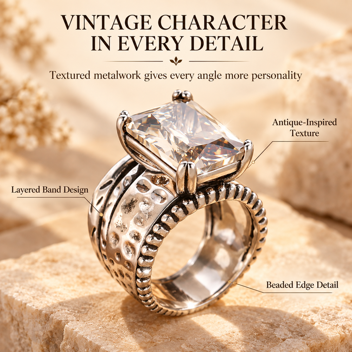 Vintage Clear Crystal Statement Ring – Antique Silver-Tone Design