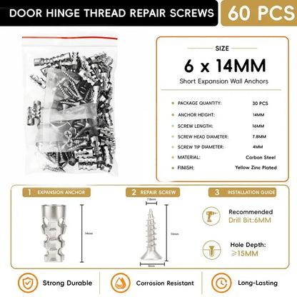 6x14mm Door Hinge Repair Screws & Wall Anchors Pack