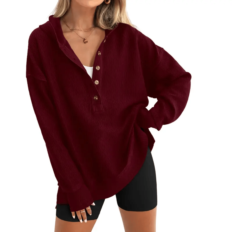 Womens Fashion Long Sleeve Hoodie Oversized Button Up V Neck Sweatshirt Side Slit Casual Pullover Tops for Fall Cozy Goals