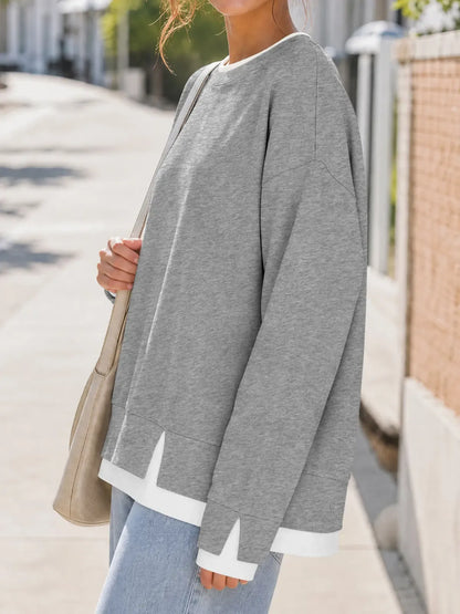 Discount: 1 Week Remaining - Women Crew Neck Fake Two Piece Striped Patchwork Drop Shoulder Oversized Sweatshirt