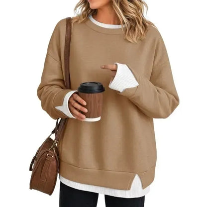 Discount: 1 Week Remaining - Women Crew Neck Fake Two Piece Striped Patchwork Drop Shoulder Oversized Sweatshirt